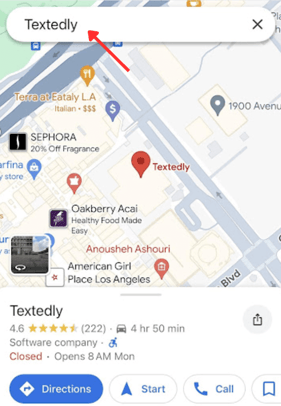 a visual showing how to leave a google review on your smartphone. Google Maps is open and "Textedly" is typed into the maps search bar