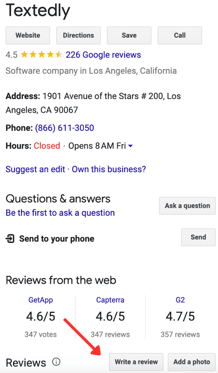 an image showing Textedly's Google Business Profile to show how to leave a Google review using your web browser