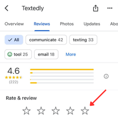  a visual showing the smartphone view of Textedly's Google Business profile with the "reviews" tab selected