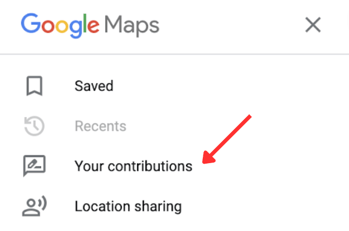 a screenshot of the Google Maps menu. The list includes saved addresses, recent destinations, your contributions, and location sharing.