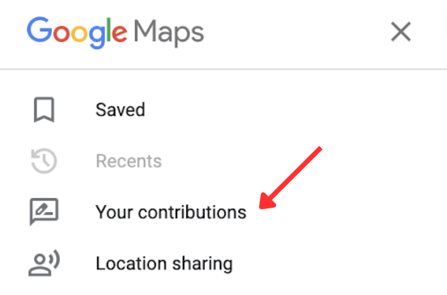 a screenshot of the Google Maps menu that includes saved addresses, recent destinations, your contributions, and location sharing