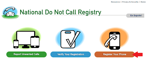 a screenshot of the options on the Do Not Call Registry website